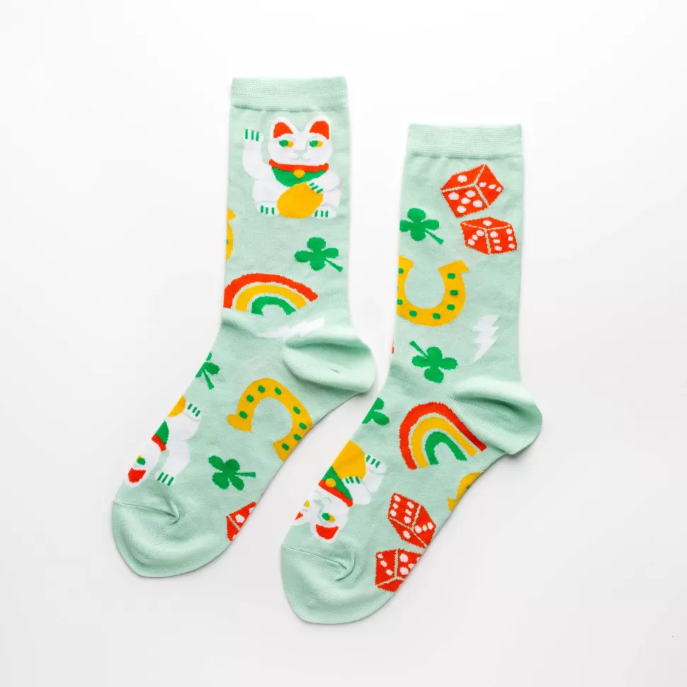 Cheap Origami Doll Yellow Owl Workshop Women's - Lucky Cat & Clover Crew Socks